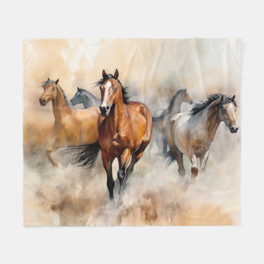 “Five Wild Mustangs” 荒々しいウエスタン+ウォーターカラー フリースブランケット (正面(横))