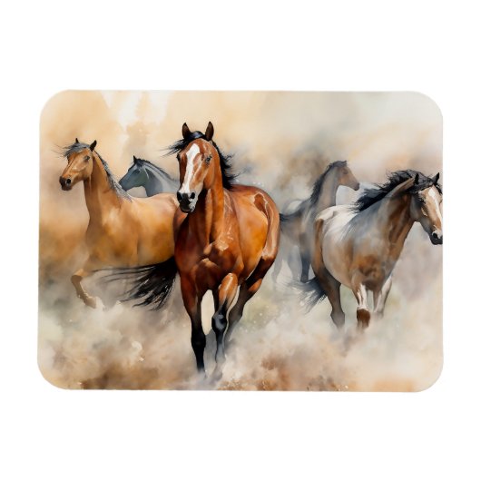 “Five Wild Mustangs” 荒々しいウエスタン+ウォーターカラー マグネット (横)