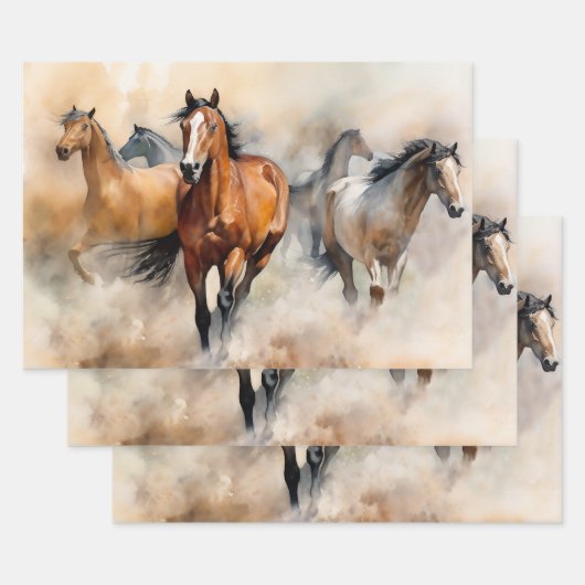 “Five Wild Mustangs” 荒々しいウエスタン+ウォーターカラー ラッピングペーパーシート (セット)