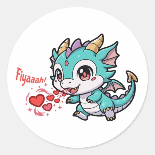 Fiyaaah Cute Baby Dragon Chibi Anime Kawaii Heart ラウンドシール (正面)