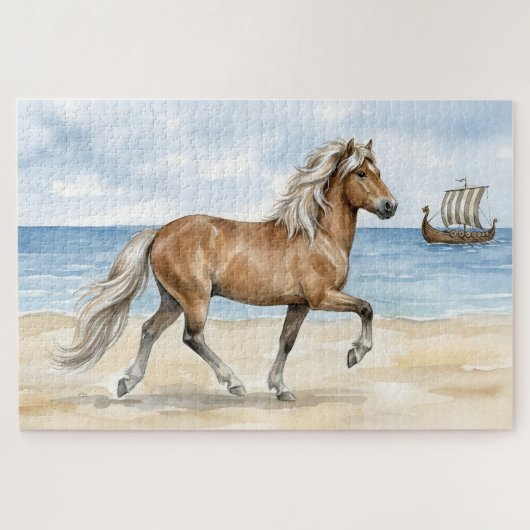 Fjara Icelandic Horse watercolor on the Beach ジグソーパズル (横)
