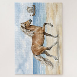 Fjara Icelandic Horse watercolor on the Beach ジグソーパズル