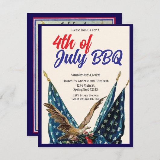 Flag and Eagle 4th of July BBQ Party 招待状 (正面/裏面)