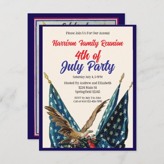Flag and Eagle 4th of July Family Reunion Party 招待状 (正面/裏面)