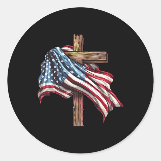 Flag Christian Cross Jesus 4th Of July Men Women ラウンドシール (正面)