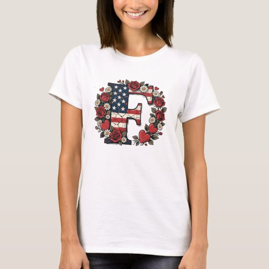 Flag Letter F Roses Wreath Monogram Tシャツ (正面)