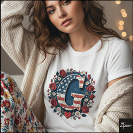Flag Letter G Roses Wreath Monogram Tシャツ