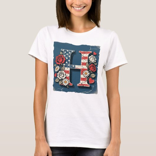 Flag Letter H Roses Hearts Monogram Tシャツ (正面)