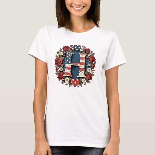 Flag Letter H Roses Wreath Monogram Tシャツ (正面)
