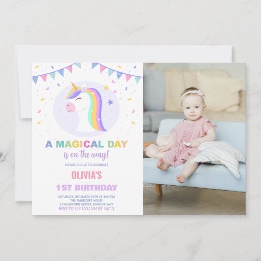 Flags Unicorn誕生日招待状と写真 招待状 (正面)