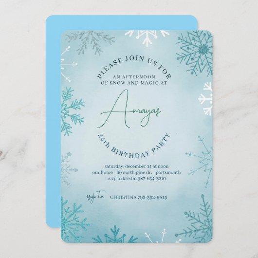 Flakes Frame Winter Birthday Bash Invitation 招待状 (正面/裏面)