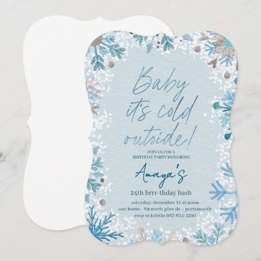 Flakes Frame Winter Birthday Bash Invitation 招待状 (正面/裏面)