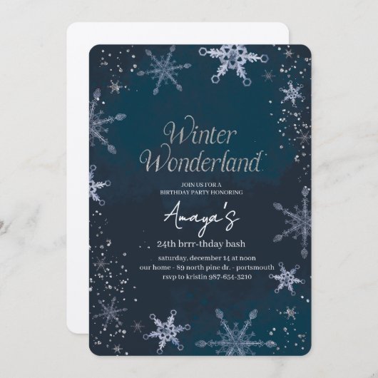 Flakes Frame Winter Birthday Bash Invitation 招待状 (正面/裏面)