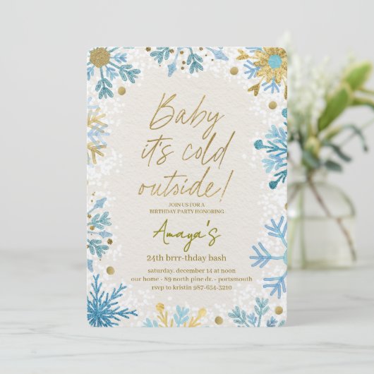Flakes Frame Winter Birthday Bash Invitation 招待状 (スタンド正面)