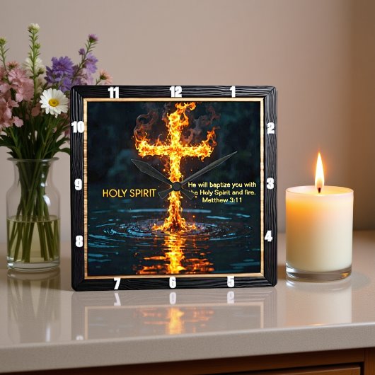 Flame Cross Water Baptism Spirit Matthew 3:11 スクエア壁時計