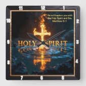 Flame Cross Water Reflection Spirit Matthew 3:11 スクエア壁時計 (正面)