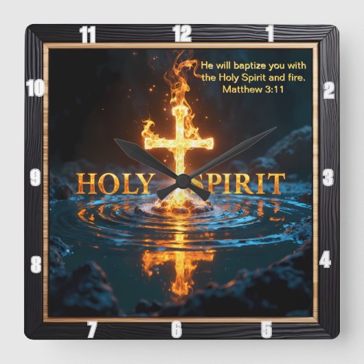 Flame Cross Water Reflection Spirit Matthew 3:11 スクエア壁時計 (正面)
