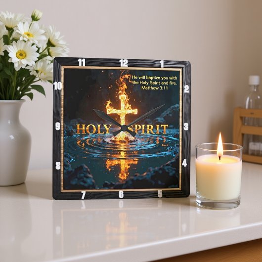 Flame Cross Water Reflection Spirit Matthew 3:11 スクエア壁時計