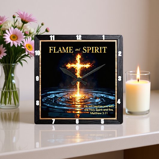 Flame Cross Water Spirit Baptism Matthew 3:11 スクエア壁時計