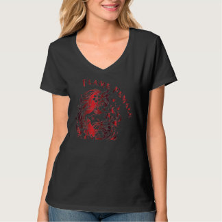 Flame Female Women Black V-Shirt Tシャツ