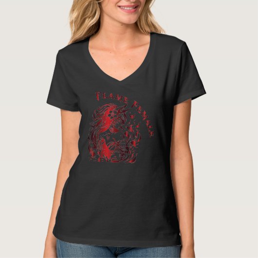 Flame Female Women Black V-Shirt Tシャツ (正面)