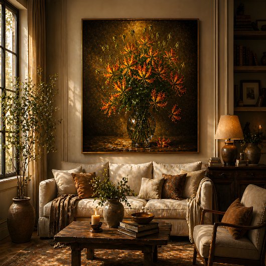 Flame Lily Wall Art – Dramatic Floral Oil Painting ポスター