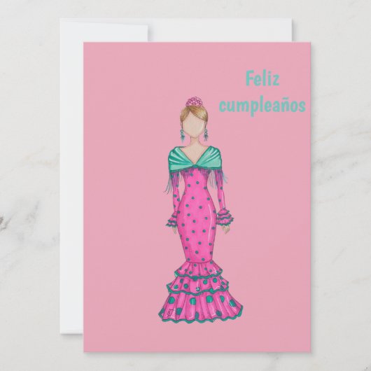 Flamenca traje rosa con lunares verdes  カード (正面)