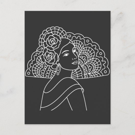Flamenco Spanish Lady With Fan Ink art Drawing ポストカード (正面)