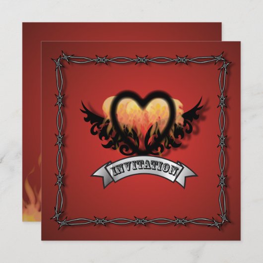 Flames Heart Rock 'n' Roll Biker Wedding Invitatio 招待状 (正面/裏面)