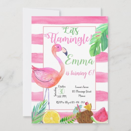 Flaminfo Birthday Invitation, Flamingo Invitation 招待状 (正面)