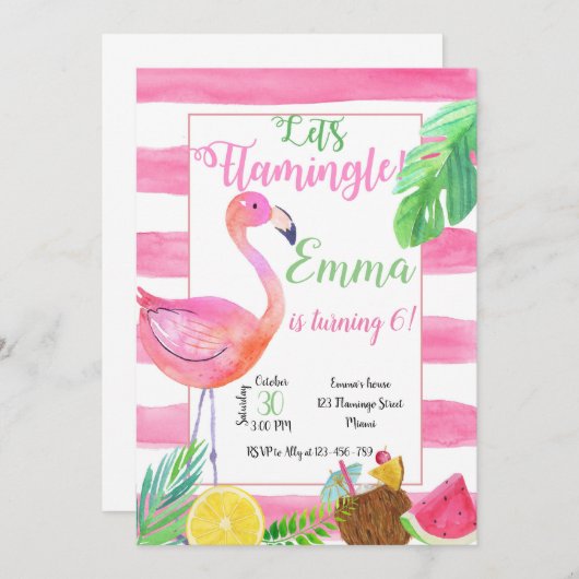 Flaminfo Birthday Invitation, Flamingo Invitation 招待状 (正面/裏面)