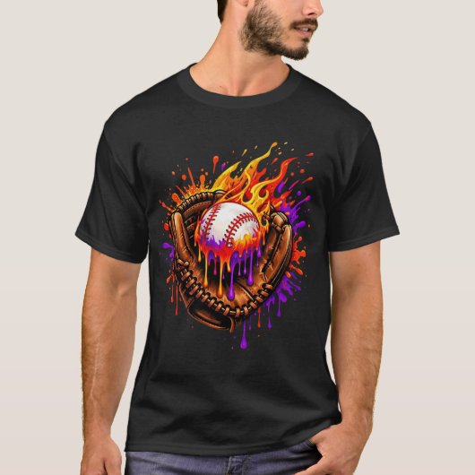  Flaming Baseball Glove Drip Tシャツ (正面)