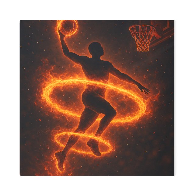 Flaming Basketball Dunk Art – Fire Athlete メタルプリント (正面)