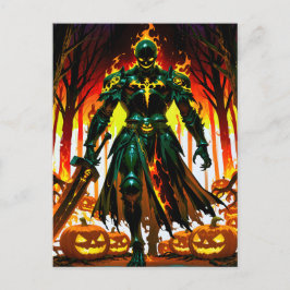 Flaming Headless Pumpkin Knight Halloween シーズンポストカード