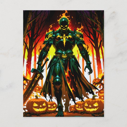 Flaming Headless Pumpkin Knight Halloween シーズンポストカード (正面)
