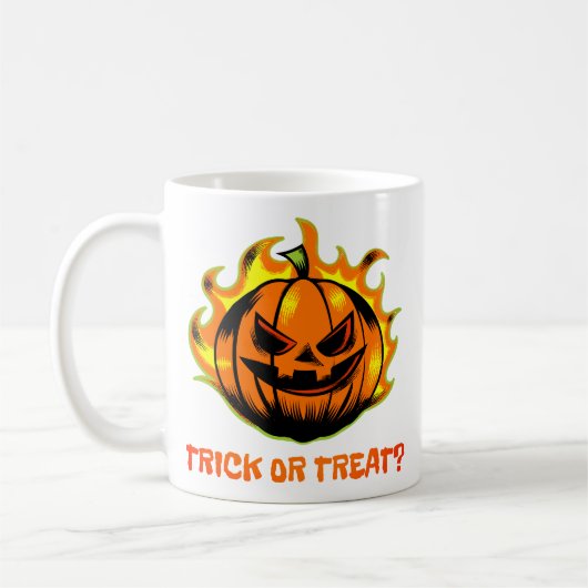 Flaming Jack-O’-Lantern Trick or Treat? –Halloween コーヒーマグカップ (左)