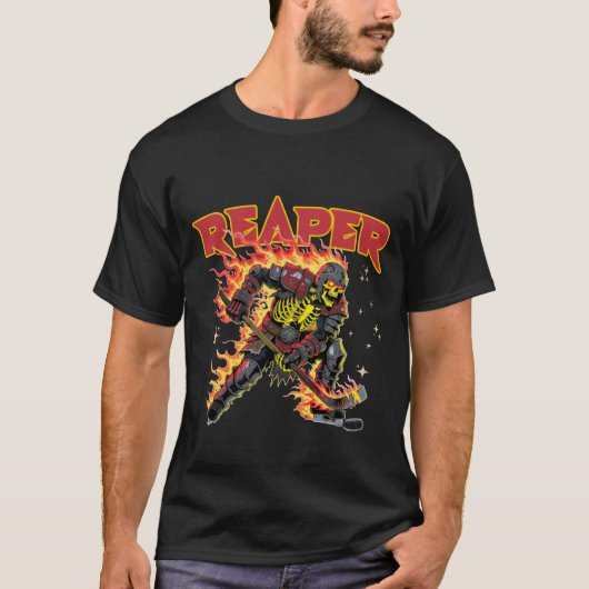 Flaming Reaper Skeleton Hockey Player Dark Sports  Tシャツ (正面)