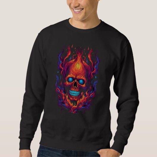 Flaming Red Orange & Blue Skull Graphic スウェットシャツ (正面)