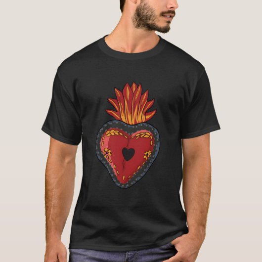 Flaming Sacred He Mexican Folk Devotion Symbol Tシャツ (正面)