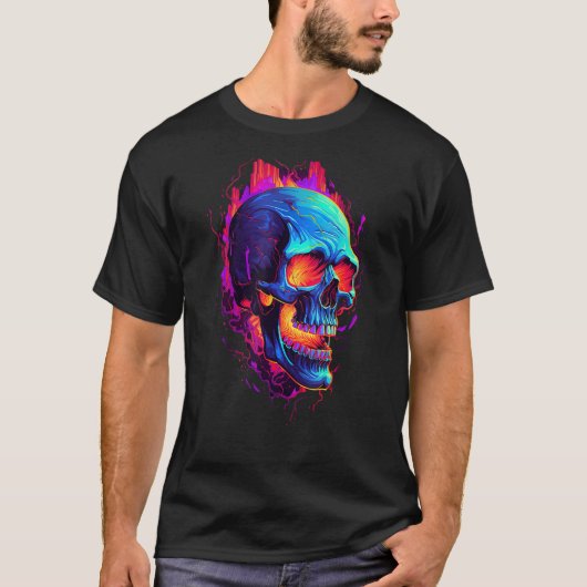 Flaming Skull Cool Red Orange & Blue Skeleton Skul Tシャツ (正面)