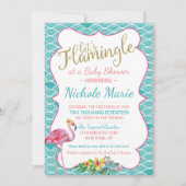 Flamingleのベビーシャワーの招待状のティール（緑がかった色）のピンクの金ゴールド 招待状 (正面)