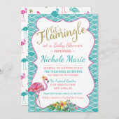 Flamingleのベビーシャワーの招待状のティール(緑がかった色)のピンクの金ゴールド 招待状 (正面/裏面)