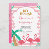 flamingleの誕生日の招待状のピンクのグリッターは 招待状 (正面/裏面)