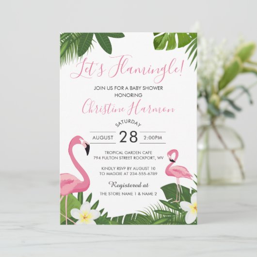 Flamingle熱帯ピンクのフラミンゴ赤ちゃんシャワー 招待状 (スタンド正面)
