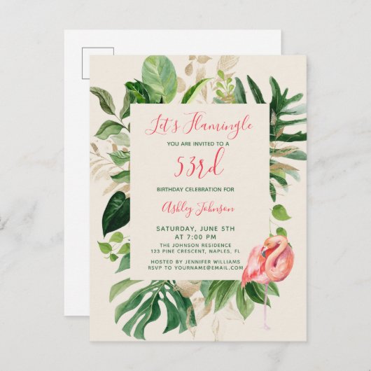 Flamingle ANY YEARトロピック誕生日はがき インビテーションポストカード (正面/裏面)