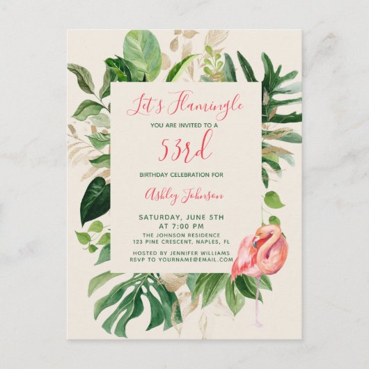 Flamingle ANY YEARトロピック誕生日はがき インビテーションポストカード (正面)