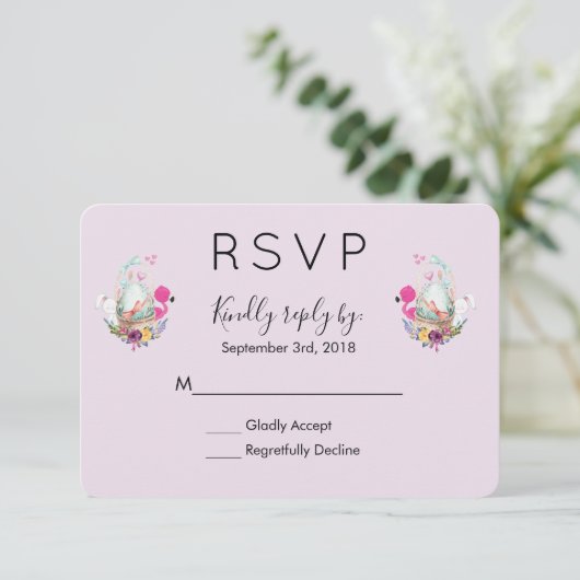 FlamingoとBunny RSVPが入ったバスケットの可愛い卵 出欠カード (スタンド正面)