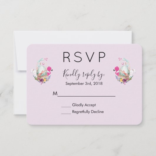 FlamingoとBunny RSVPが入ったバスケットの可愛い卵 出欠カード (正面)