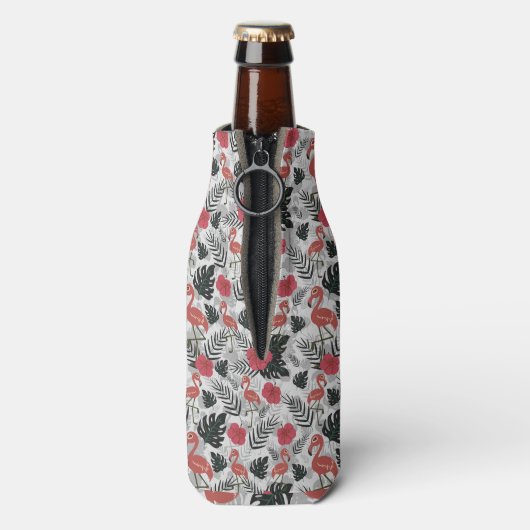 Flamingoのシームレスなパターン(フローラ背景) ボトルクーラー (ボトル裏面)
