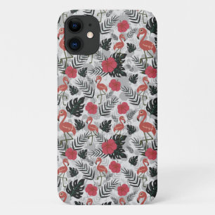 Flamingoのシームレスなパターン(フローラ背景) iPhone 11 ケース